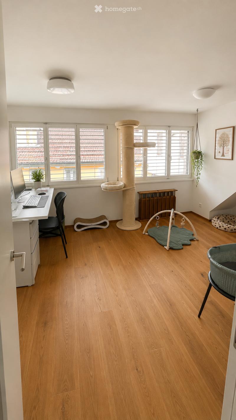 Bright room with wooden flooring, large windows, a desk with a computer, a cat tree, a baby playpen, and a baby chair.