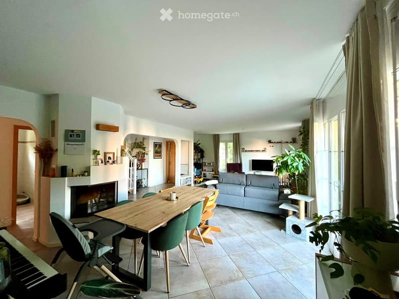 Open-plan living and dining area with a grey sofa, wooden dining table, green chairs, a cat tree, fireplace, and television. Large windows with curtains allow natural light to fill the space.
