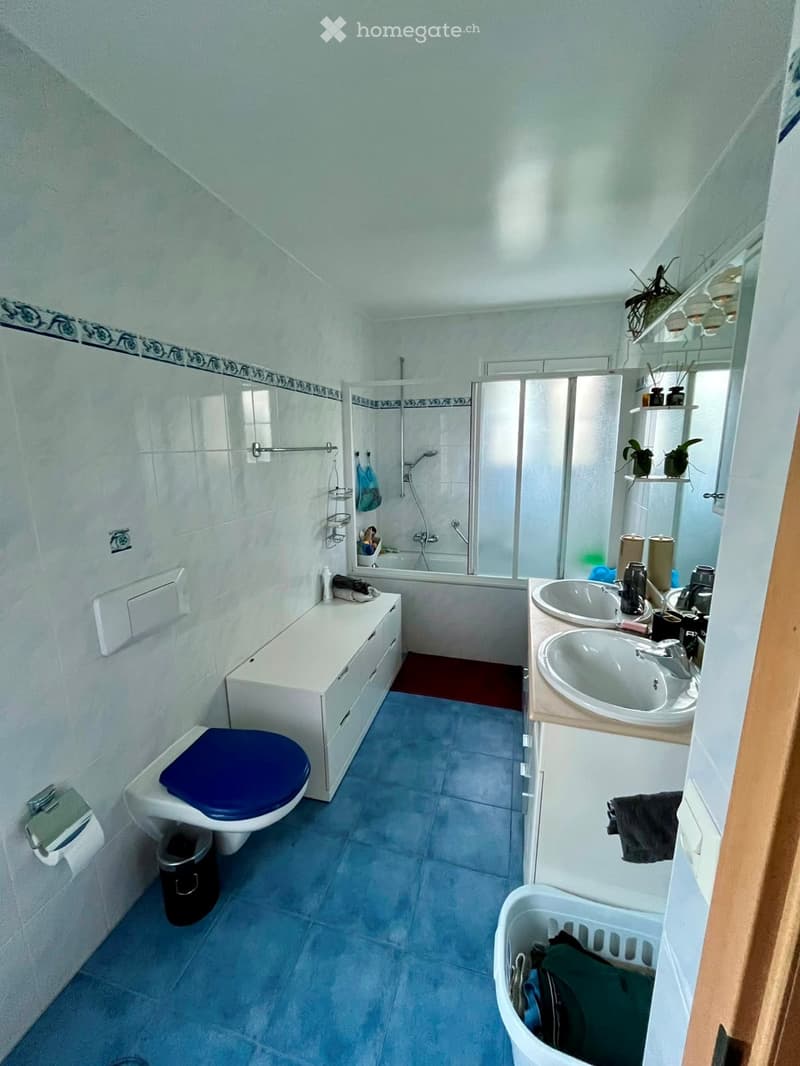 Modern bathroom with blue tiles, white cabinetry, double sink, toilet, shower, and decorative plants on shelves.