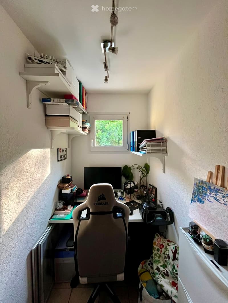 A small, well-lit room with a desk, ergonomic chair, computer screen, shelves filled with books and boxes, and a small plant. The room has a slanted ceiling and a window with a view of greenery.