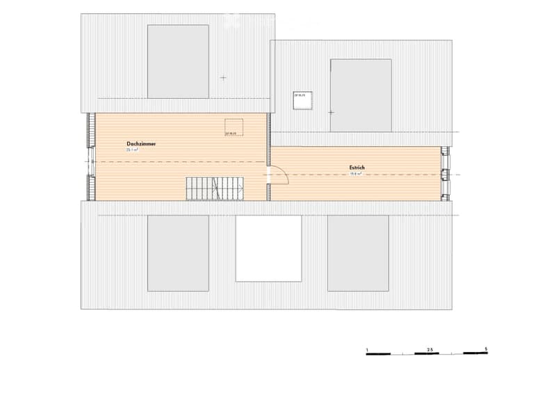 Floor plan showing a two-story building with a roof terrace (Dachzimmer) and an entrance (Estrich). The ground floor includes several rectangular rooms and a staircase leading to the upper level.