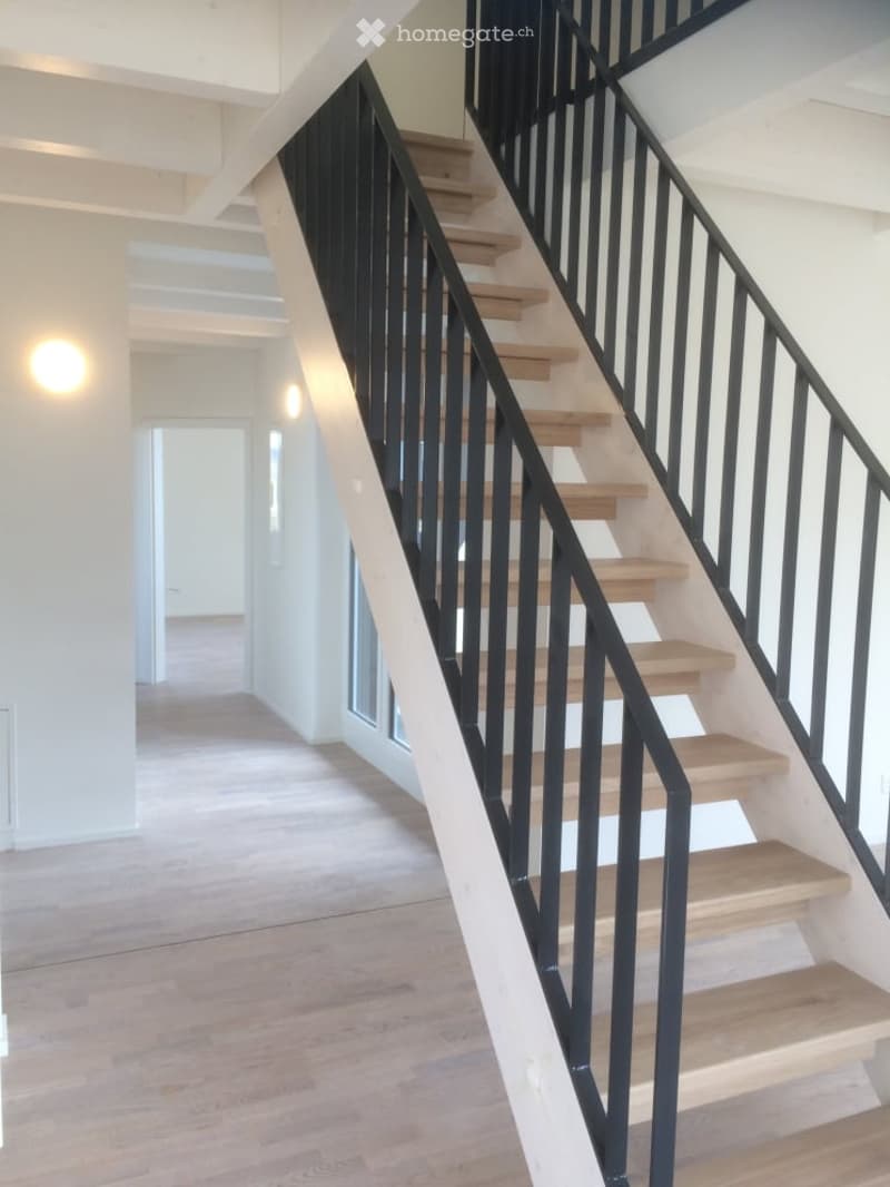Modern hallway with wooden flooring, a staircase featuring light wooden steps and dark metal railings, and recessed ceiling lighting.
