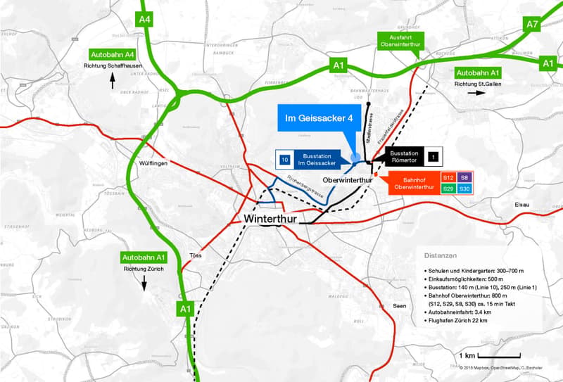 Map showing the location of Im Geissacker 4 in Winterthur, with nearby highways A1 and A4, bus stations, train station, and distances to schools, shops, and Zurich airport.
