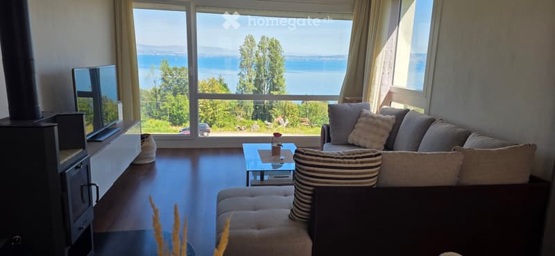 Modern living room with large windows offering a scenic view of a lake and surrounding greenery. Features a grey sectional sofa with multiple cushions, a glass coffee table, a television, and an ottoman.