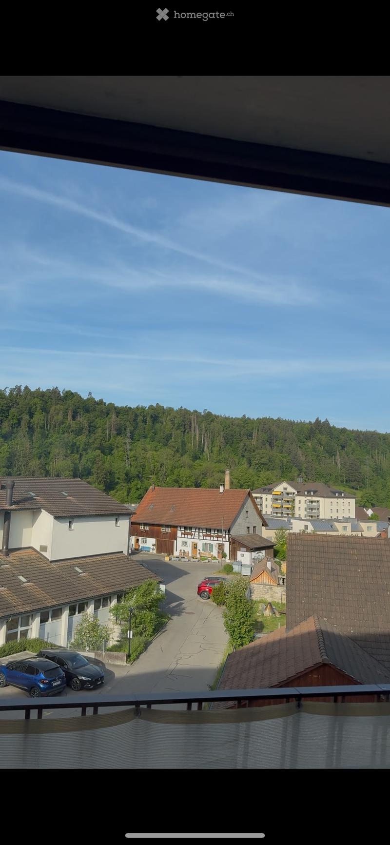 View from a balcony overlooking a quiet residential street with houses, parked cars, and a forested hill in the background.