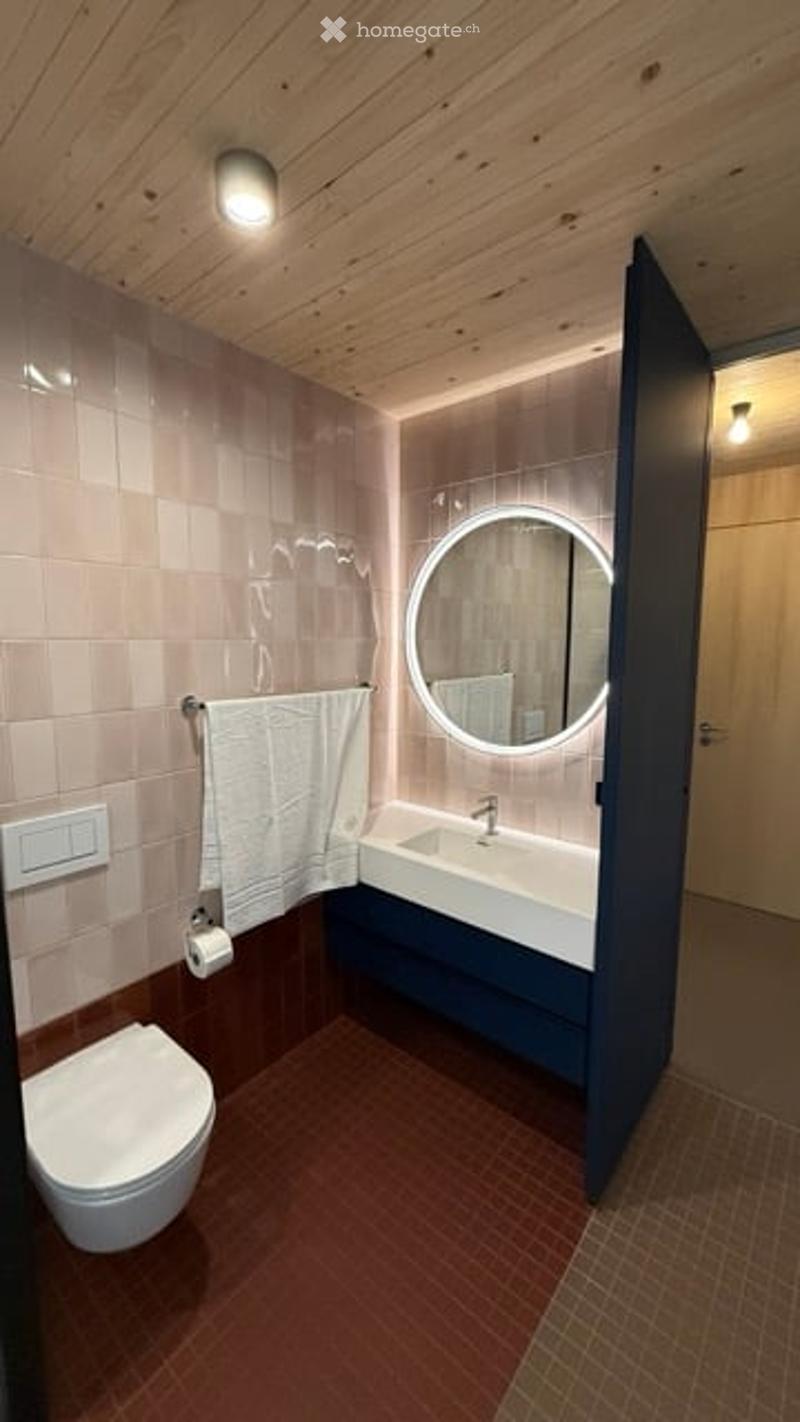 Modern bathroom with wooden ceiling, pink tiled walls, white toilet, sink with dark blue cabinet, round illuminated mirror, and a folded towel on a rack.