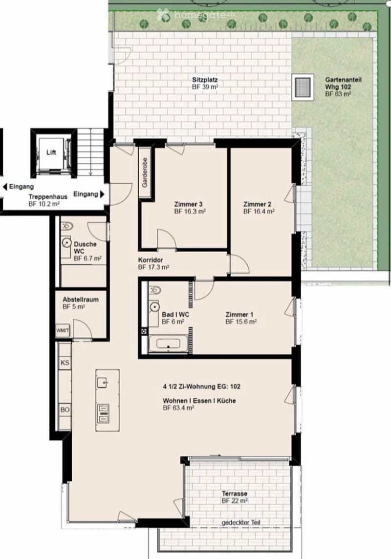 Floor plan of a 4.5-room apartment on the ground floor, including living/dining/kitchen area, three bedrooms, bathroom, shower/WC, storage room, entrance, staircase, and a terrace.