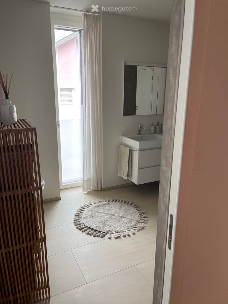 Modern bathroom with a white sink, mirrored cabinet, towel, and a round rug on the floor. A vase with decorative sticks sits on a wooden shelf near the window.