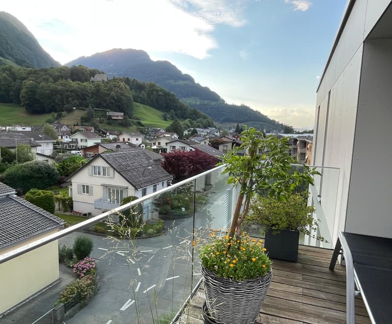 Balcony with wooden decking, glass railing, potted plants, and a view of a town and mountains.