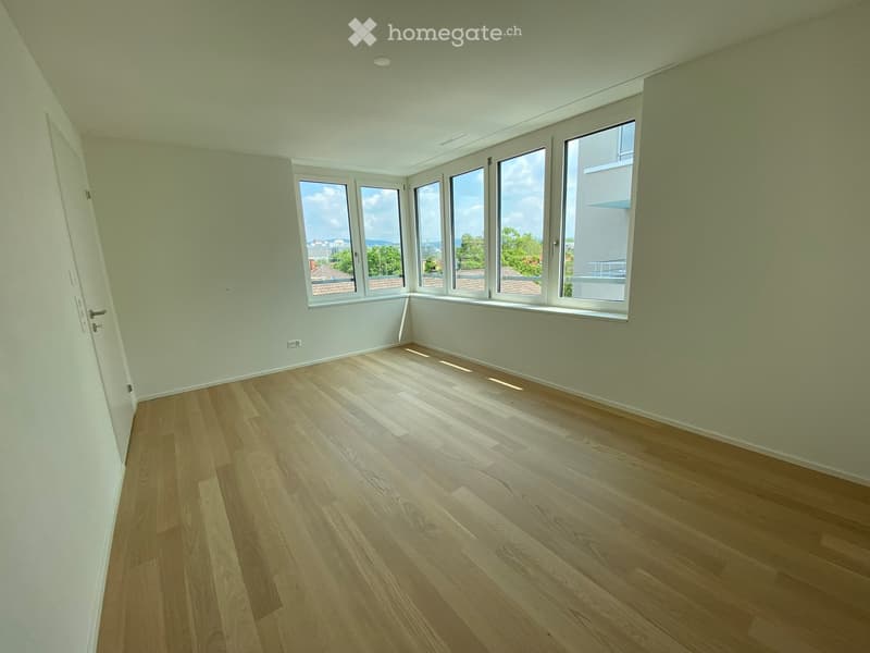 Empty room with light green walls, wooden flooring, and large windows offering a view of the city and surrounding greenery.