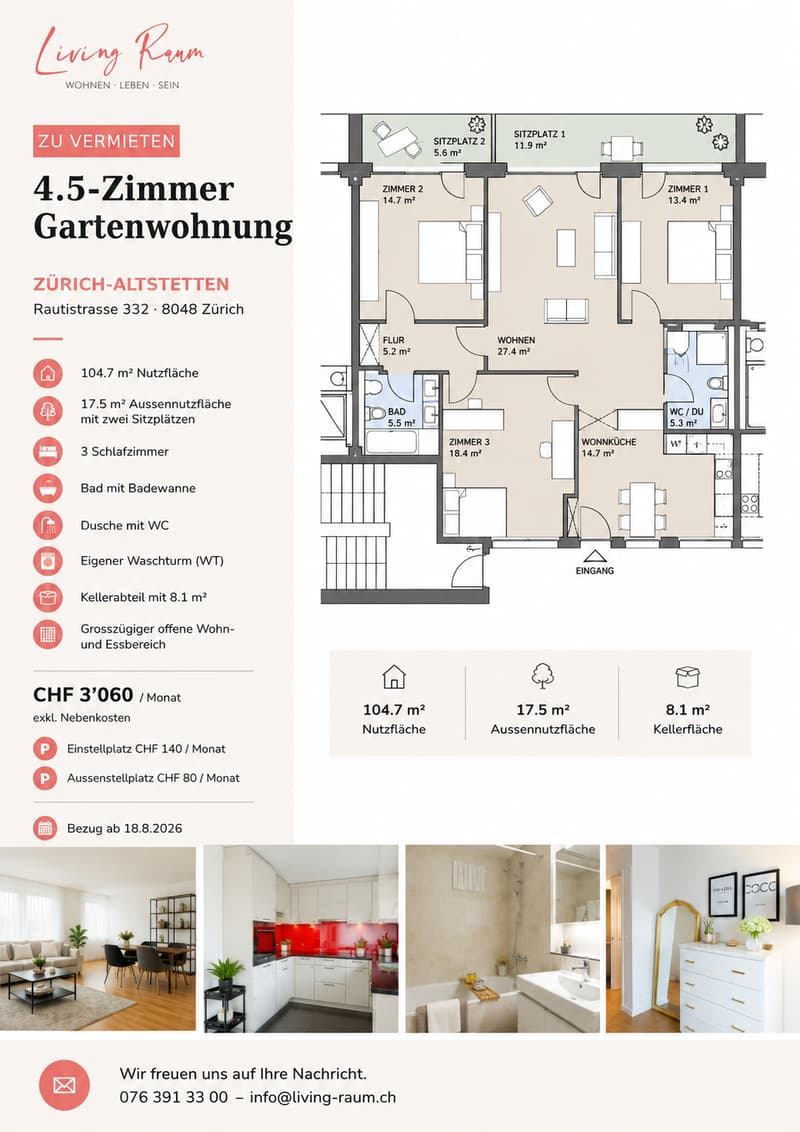 Floor plan of a 4.5-room garden apartment with 104.7 m² usable area, 17.5 m² outdoor area, 3 bedrooms, bathroom with bathtub, shower with WC, private washing machine, spacious open living and dining area, and a basement workspace of 8.1 m².
