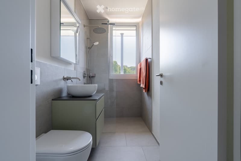 Modern bathroom with a white toilet, a sink with a modern faucet, a large mirror, a shower area with a glass enclosure, and a towel hanging on a rack.