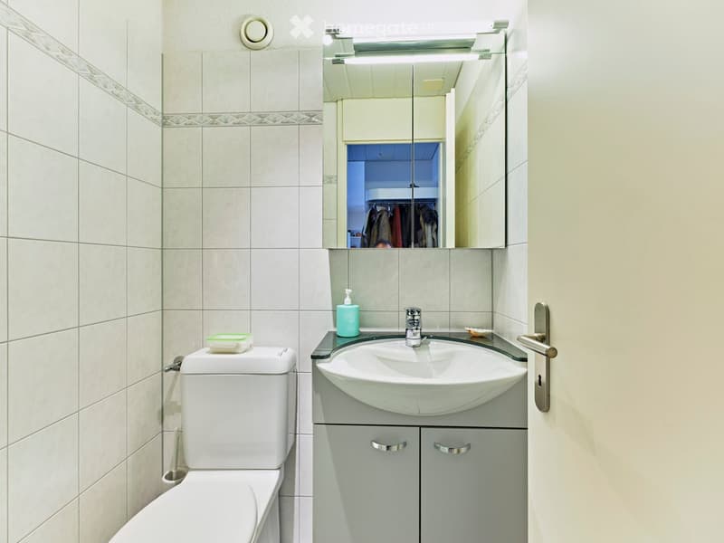 white tiles, modern fixtures, sink, toilet, mirror, small vanity