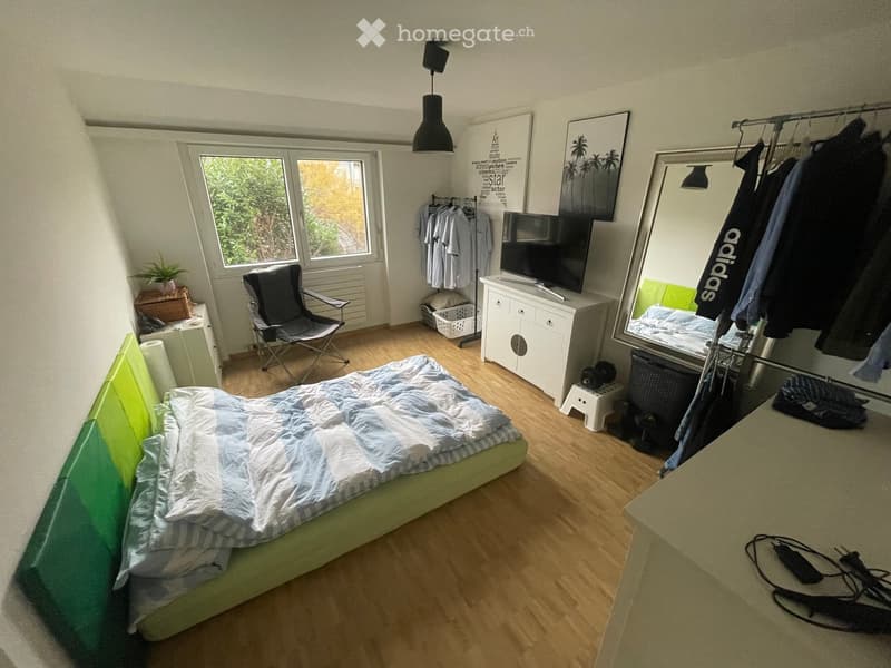 A well-lit bedroom with a bed, a chair, a mirror, a cabinet, a screen, a plant, and a clothing rack.