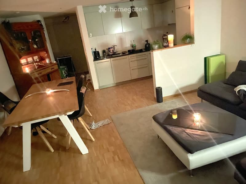 Modern living and dining area with a sofa, coffee table, dining table, chairs, and a small kitchen area with cabinets, sink, and refrigerator.