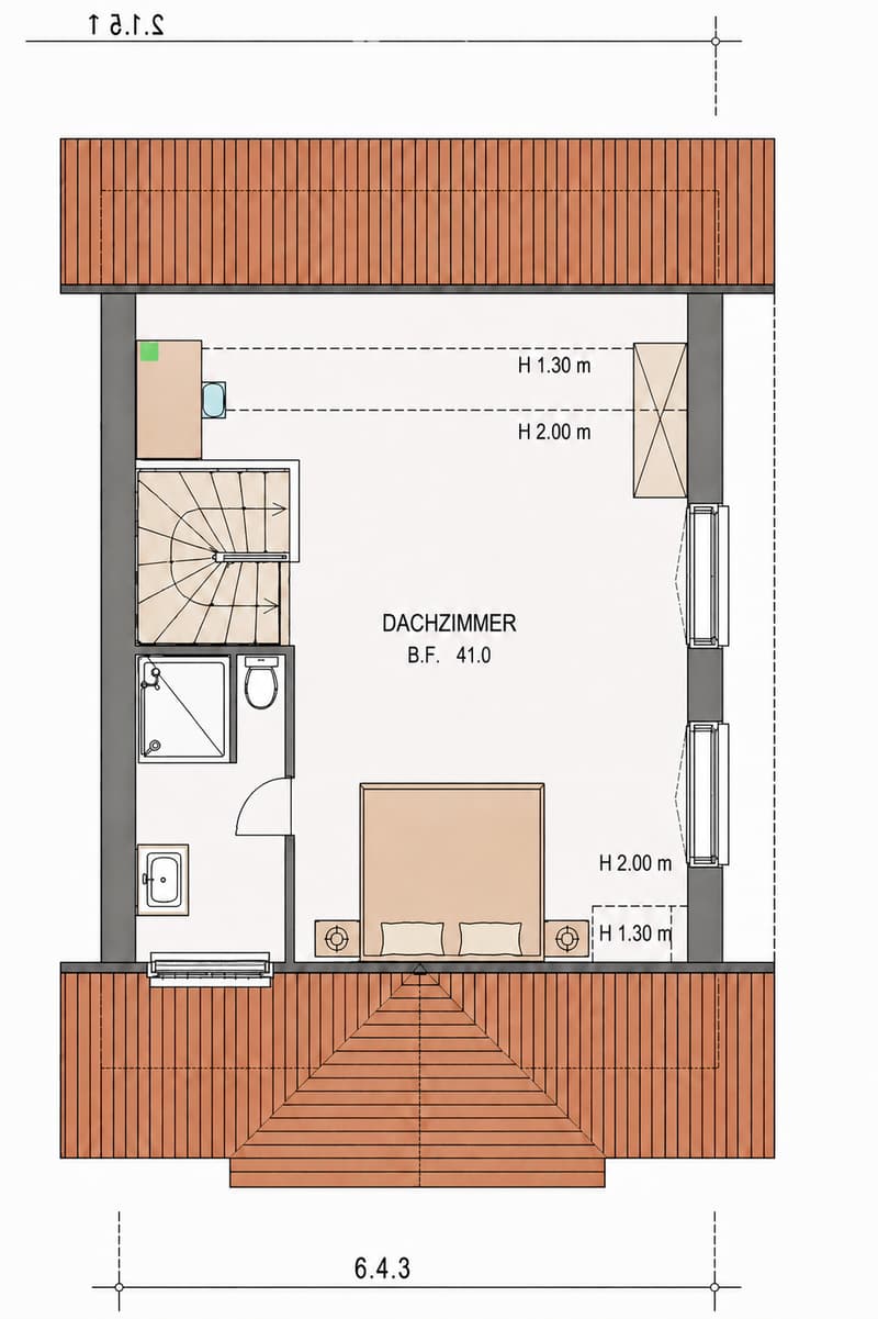 Floor plan of a compact attic room with a bed, pillows, a small bathroom area including a shower and toilet, and a wooden deck area.