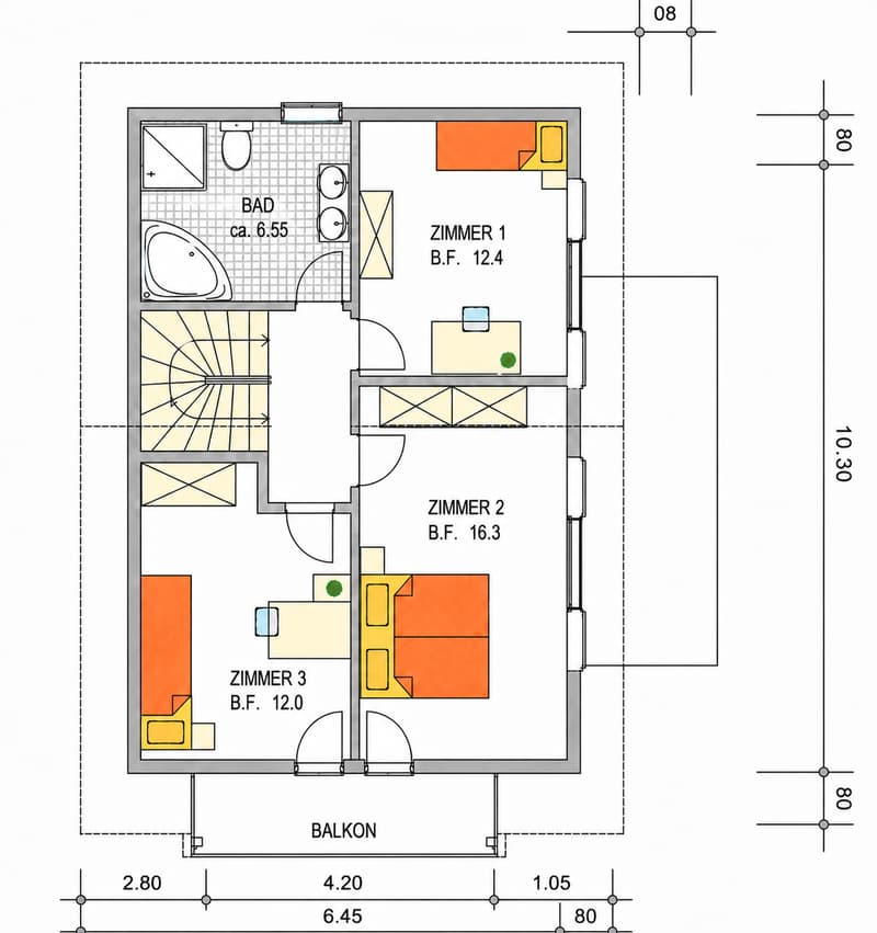 Floor plan showing a bathroom, three bedrooms, and a balcony. The bathroom includes a bathtub and toilet. Each bedroom is labeled with its base floor area.