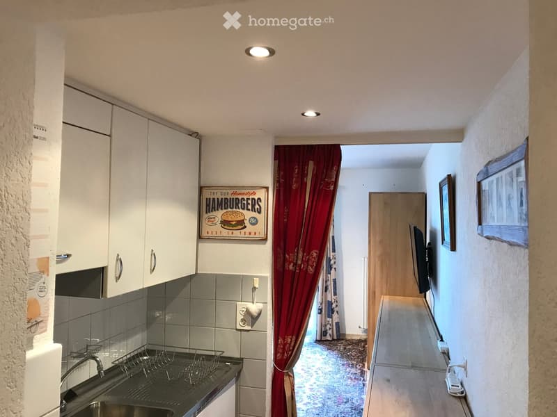 The image shows a small, modern kitchen with white cabinets, a sink, and a dish rack. A red curtain separates the kitchen from a living area, which includes a screen and a framed picture on the wall.