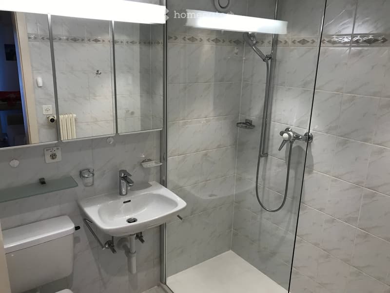 Modern bathroom with marble tiles, a white sink, toilet, mirror, and a glass-enclosed shower area.