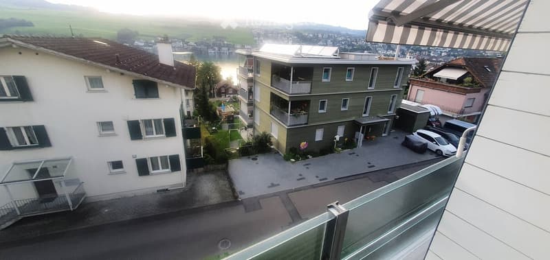 House with multiple stories, multiple windows, balconies, garden, driveway with cars parked
