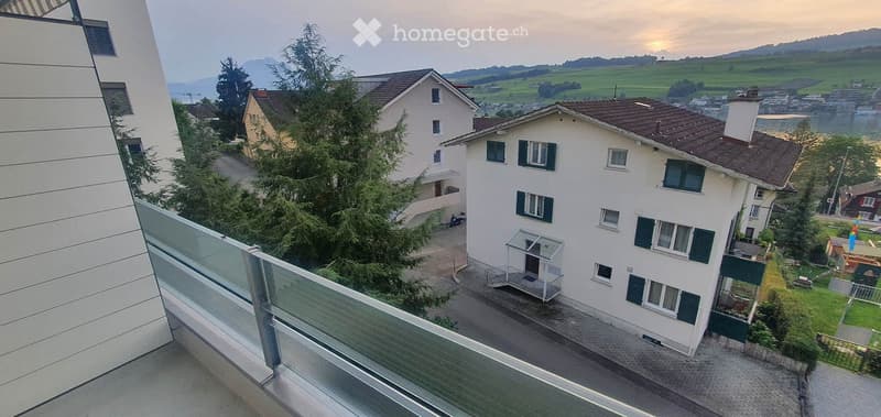 Balcony, Terrace, Glass railings, View of houses, street, greenery, and mountains