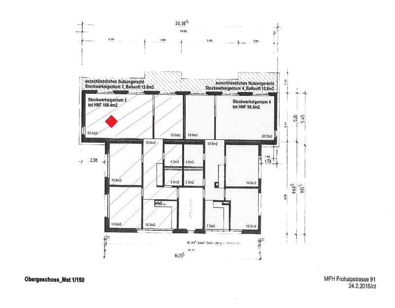 Floor plan of an upper level showing two apartments with balconies, labeled dimensions, and usage rights.
