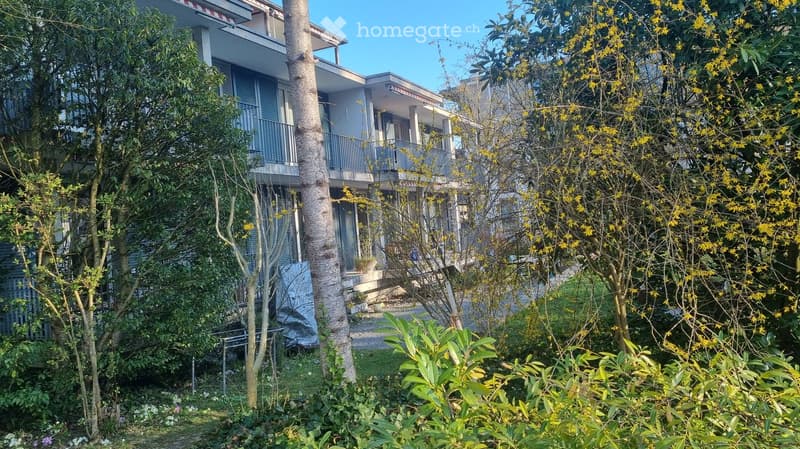 Apartment building, balconies, trees, shrubs, paved path