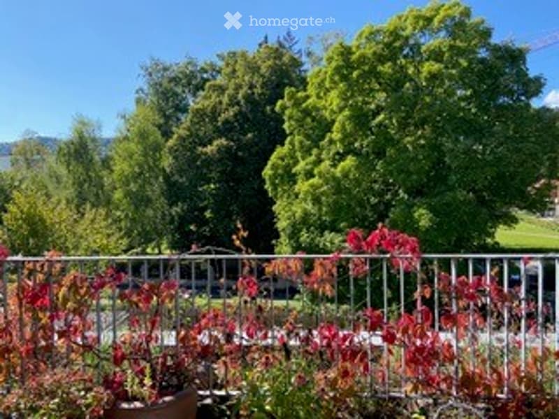 balcony with metal railing, plants, trees, view of the mountains