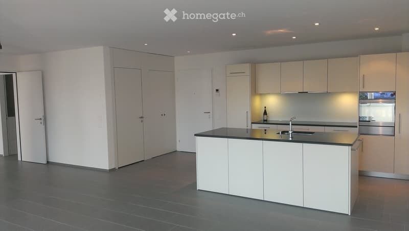 Modern kitchen with white cabinets, a central island, and built-in appliances. Features a sleek black countertop and a stainless steel sink.