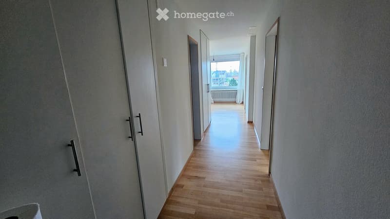 Empty hallway with wooden floor, white walls, doors, and a window with curtains