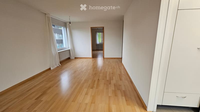 Empty room with wooden floor, white walls, large window, white curtains, white wardrobe, hallway leading to another room