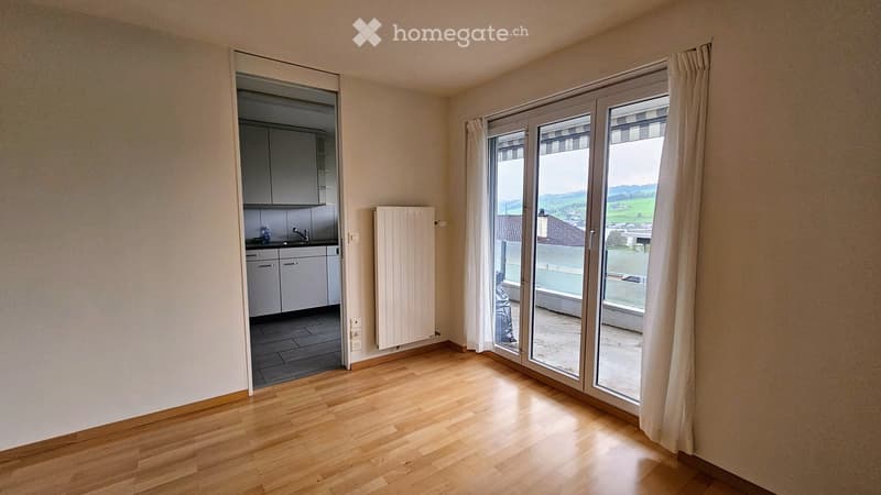 empty room, wooden floor, sliding glass doors, balcony, white walls, white cabinets, white curtains, white radiator