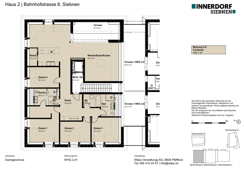 Floor plan of a 5.5-room apartment with living/dining/kitchen area, four bedrooms, bathroom, WC, and two terraces.