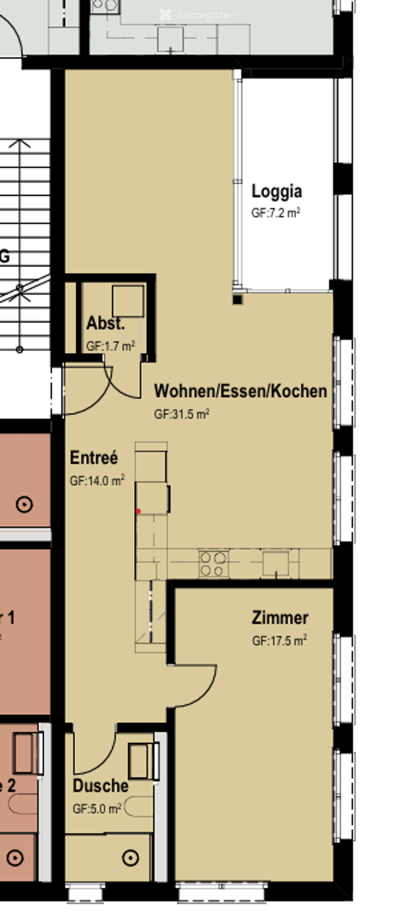 Ground floor floor plan showing entrance, living/dining/kitchen area, bedroom, bathroom, and loggia.