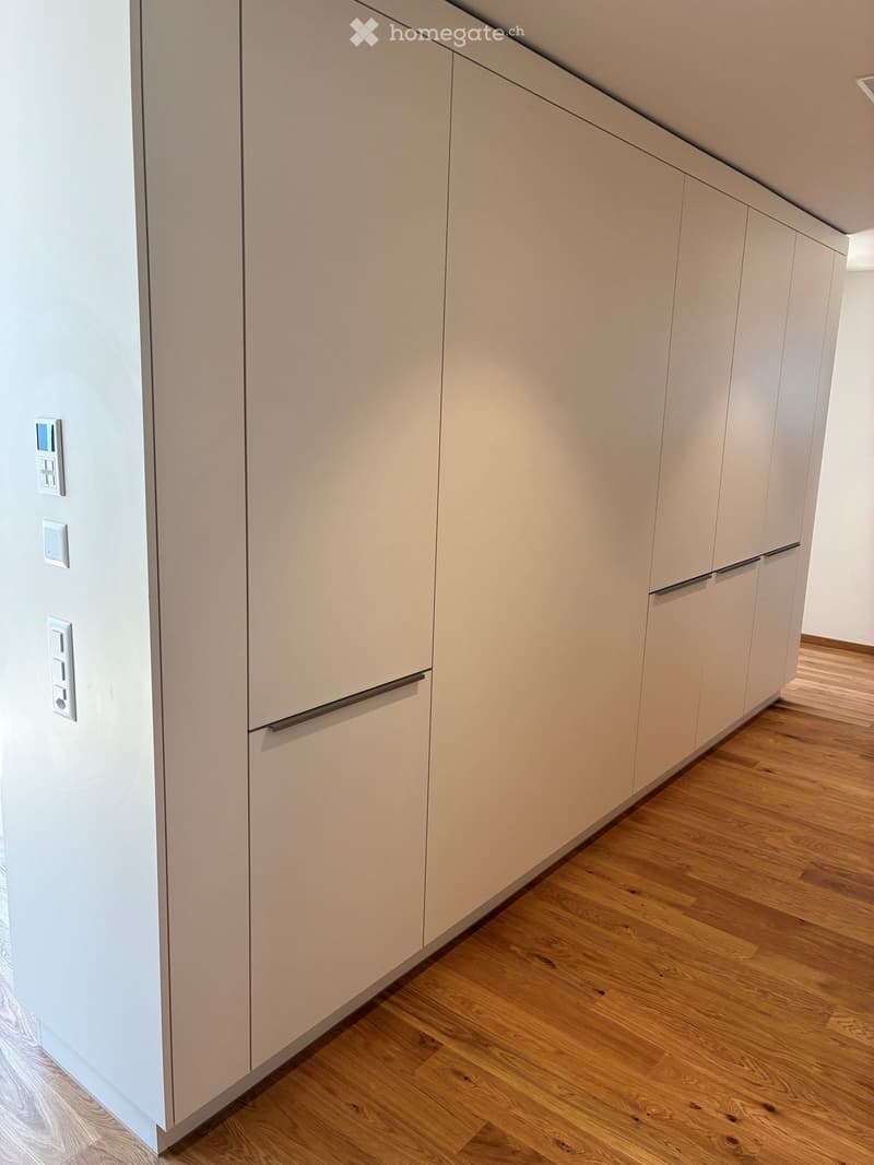 Modern hallway with light-colored wooden flooring and white cabinetry with sleek, handleless doors.