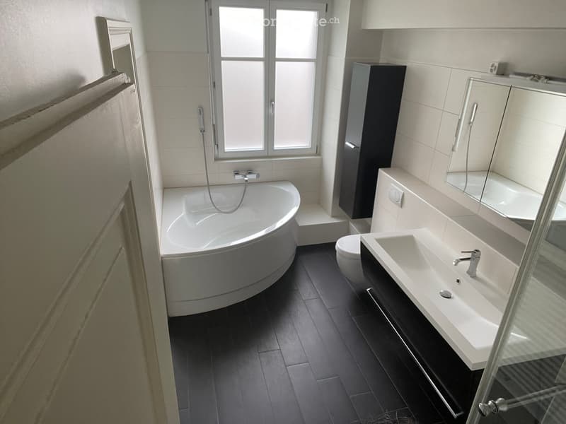 Modern bathroom with a freestanding bathtub, a sink with a mirror, a toilet, and a dark-toned cabinet.
