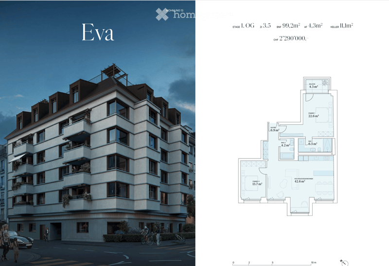 Floor plan of a residential unit labeled 'Eva,' showing layout with rooms, kitchen, bathrooms, and a balcony.