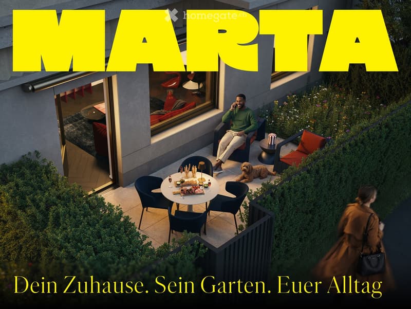 A modern rooftop terrace with a round table, chairs, a stool, and a small dog. The terrace is surrounded by greenery and has a view of the building interior through large windows.