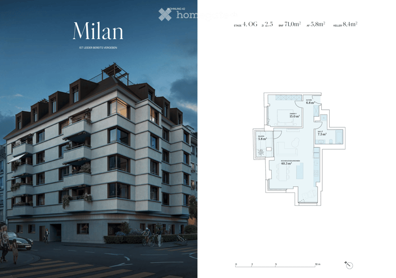 Floor plan of a 4-story apartment building in Milan, including a living room, kitchen, two bedrooms, and two bathrooms, with a balcony and a cellar.