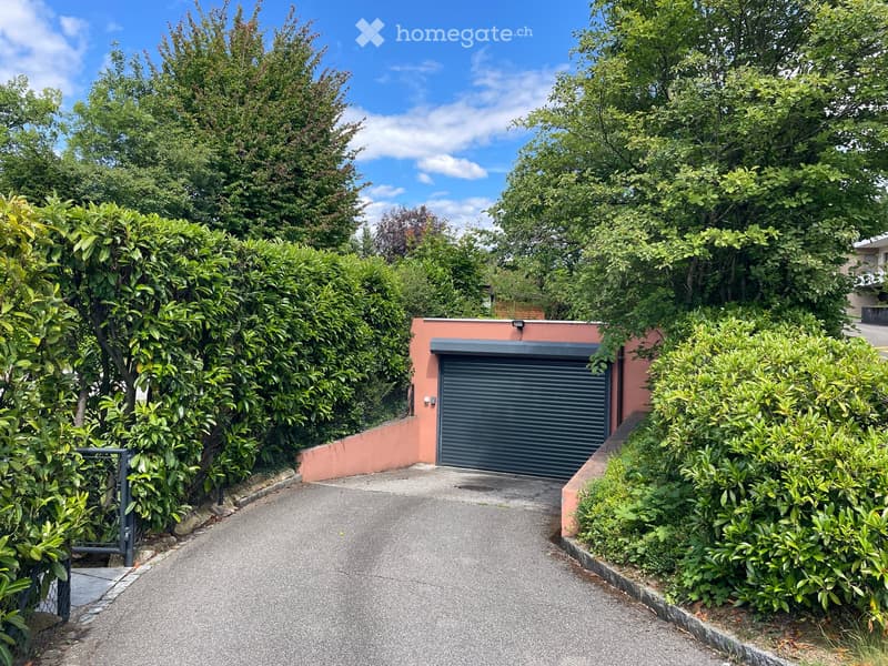 A driveway leads to a garage with a pink facade and a dark green garage door, surrounded by lush green bushes and trees.