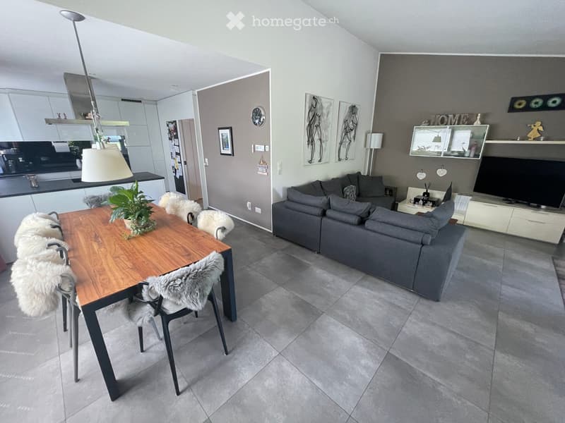 Modern living and dining area with grey sofa, wooden dining table, four chairs, plant, and TV on a stand.