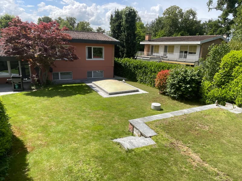 Well-maintained garden with green lawn, small patio, and two houses in the background.