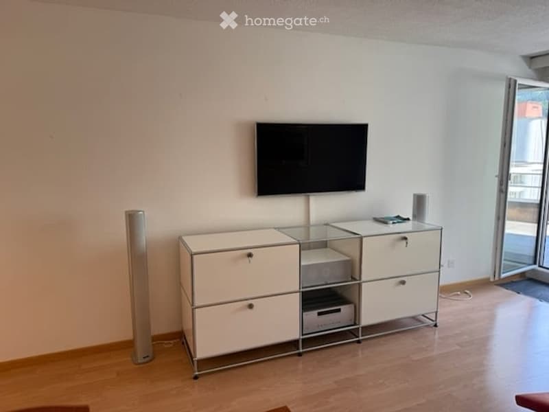 Modern living room with a flat-screen TV mounted on the wall, white cabinetry, a glass side table, and a speaker on the floor. The room features wooden flooring and access to a balcony.