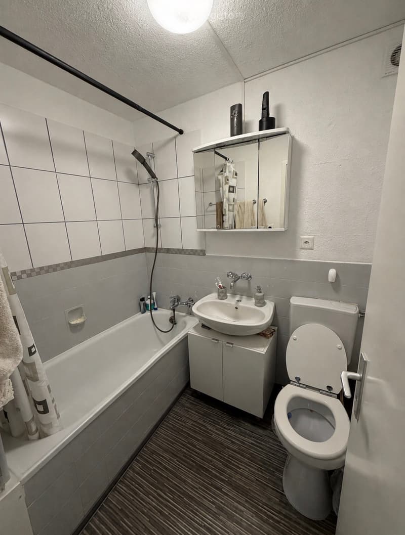 Modern bathroom with a bathtub, sink, toilet, and mirror. Features tiled walls, wooden flooring, and a shower hose attached to the wall.