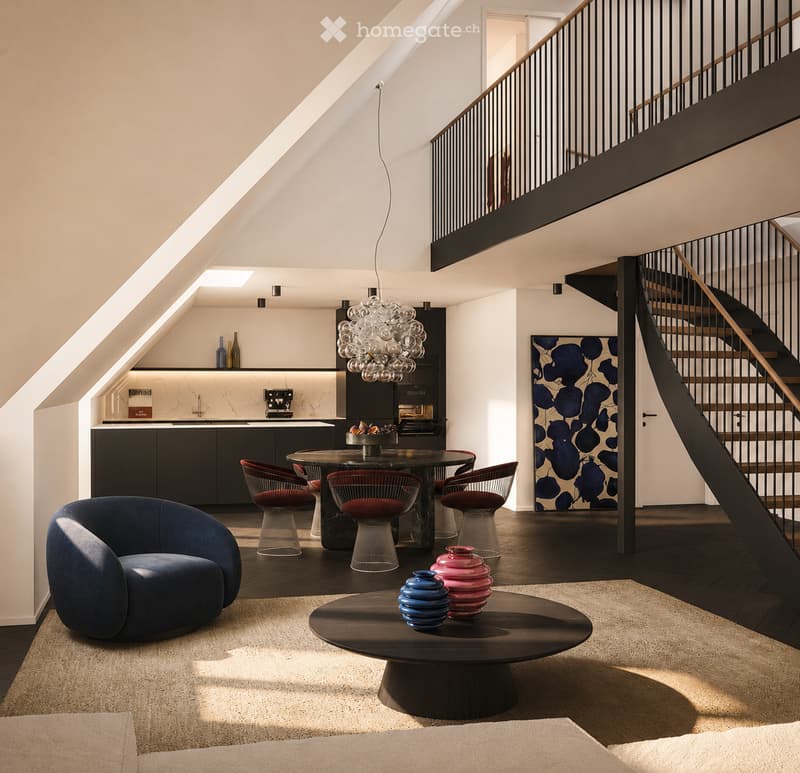 Modern, open-concept living and dining area with a sleek, dark wood floor, a blue velvet sofa, a round coffee table with decorative vases, a dining table with red chairs, and a contemporary kitchen area with dark cabinets and a pendant light.