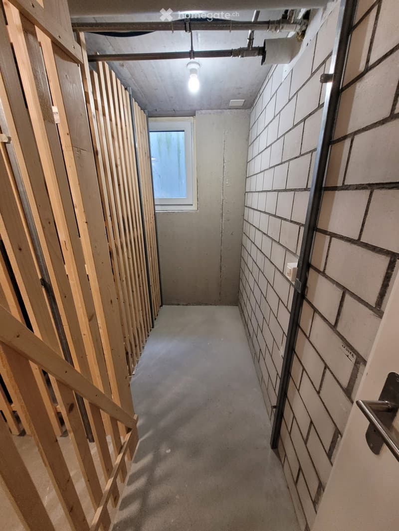 Empty hallway with unfinished walls, exposed pipes, and a small window at the end.