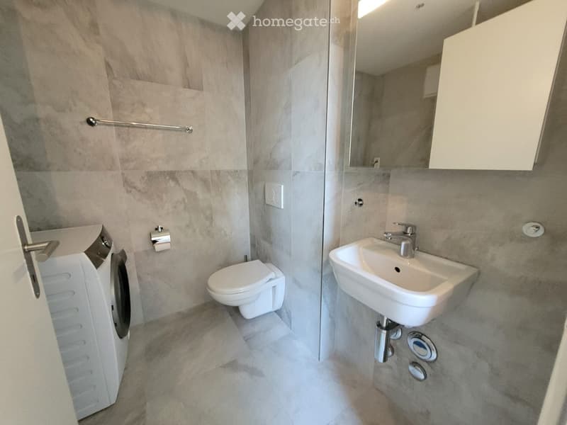 Modern bathroom with grey tiled walls and floor, featuring a toilet, sink, mirror, and cabinet.
