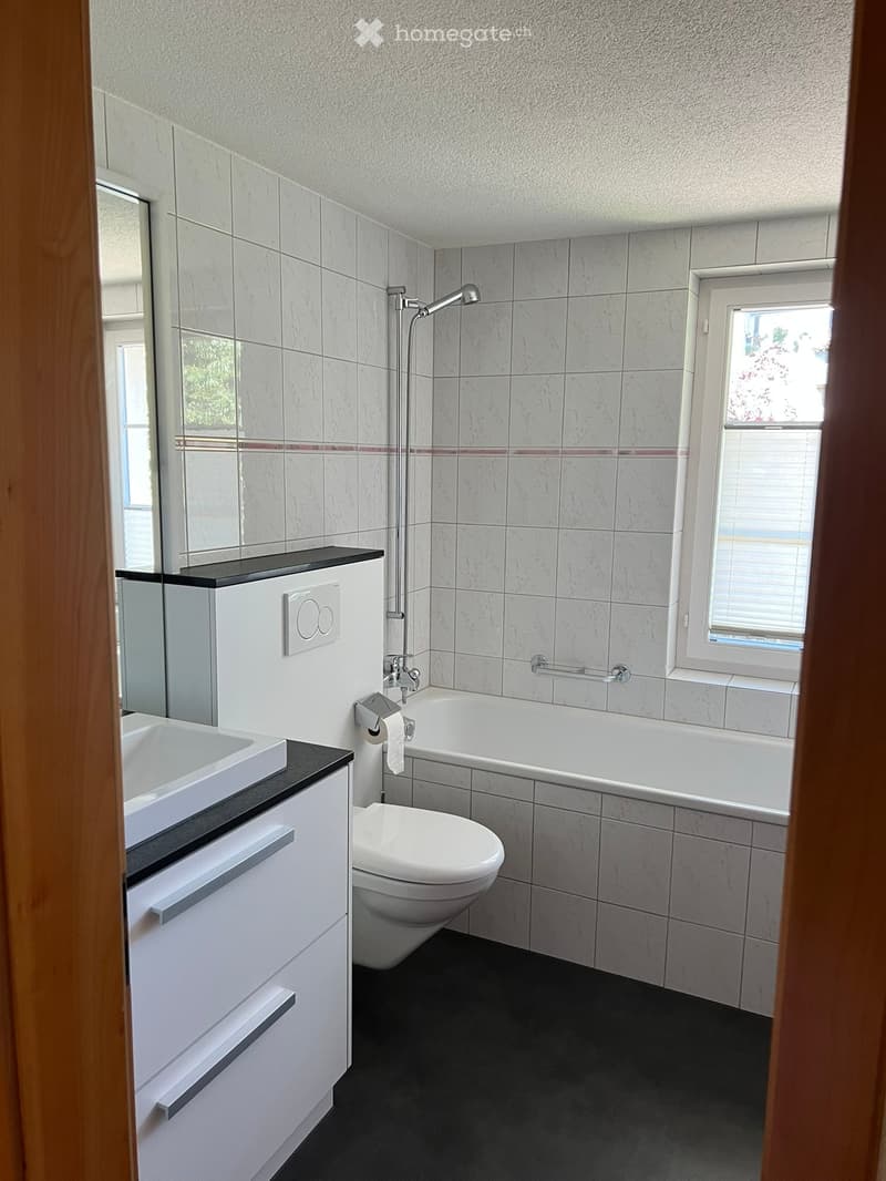 modern bathroom, white tiles, white bathtub, shower head, white sink, wooden cabinet, silver hardware