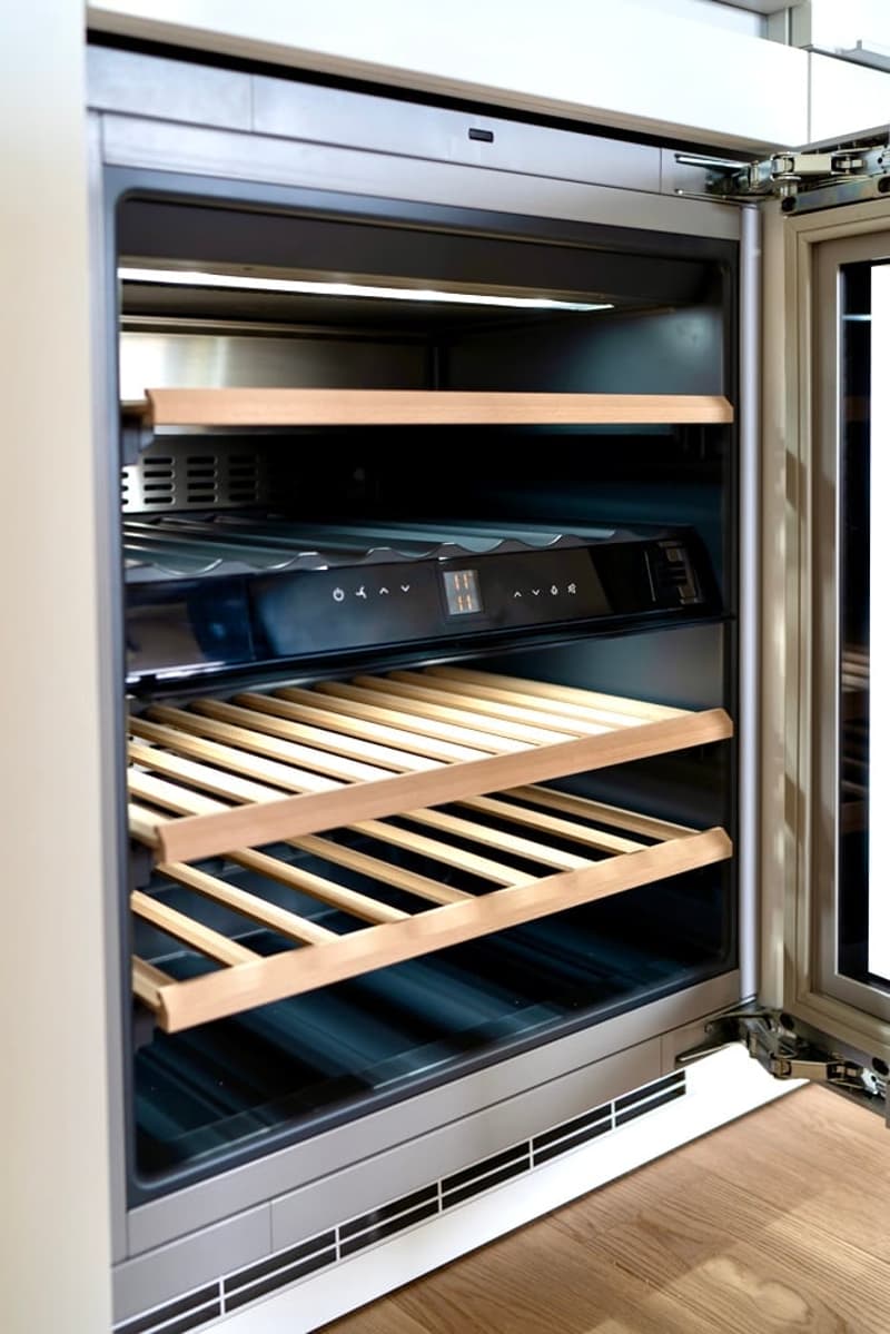 Modern built-in wine rack with multiple wooden shelves inside an oven compartment, sleek stainless steel finish.