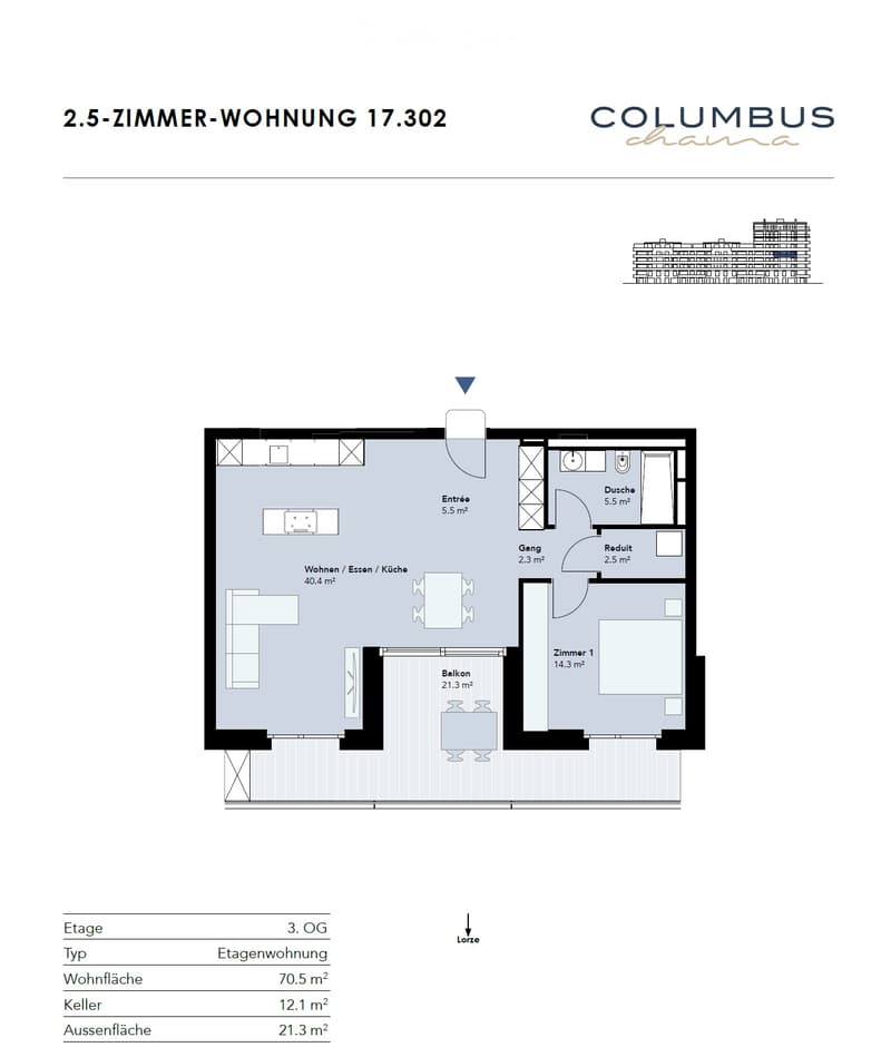 Floor plan of a 2.5-room apartment with living/dining/kitchen area, bedroom, bathroom, hallway, entrance, and balcony.